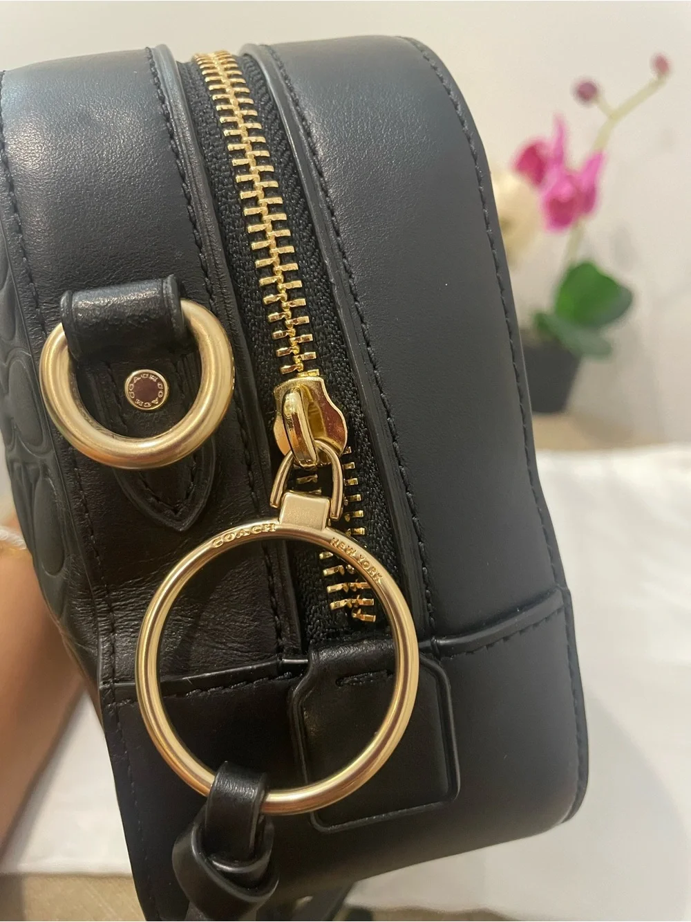 Coach Black Embossed Leather Camera Crossbody with Gold Chain